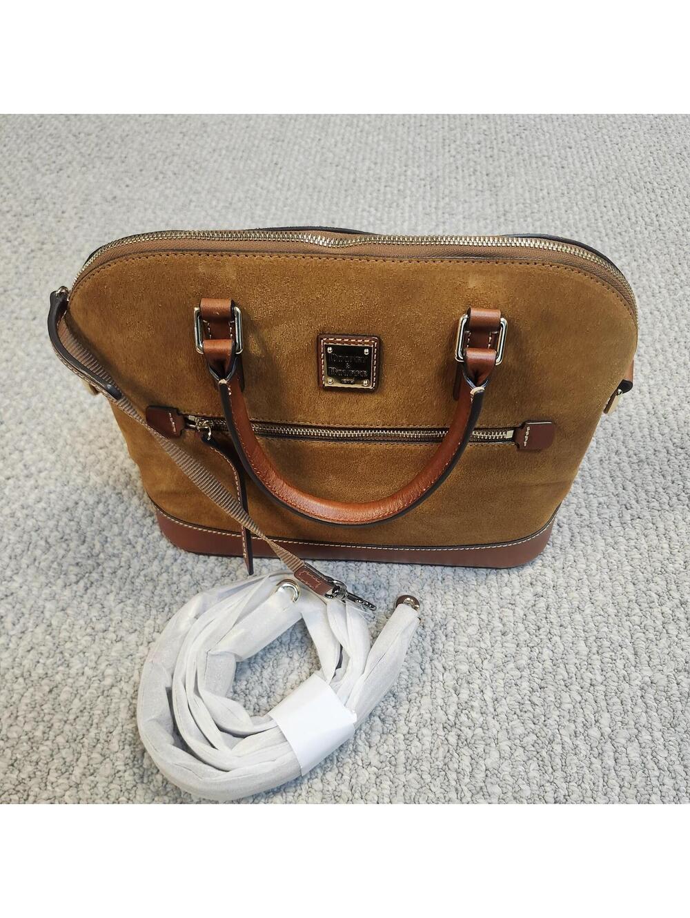 Dooney & Bourke Domed Zip Satchel Brown Suede Leather Crossbody New Without Tags